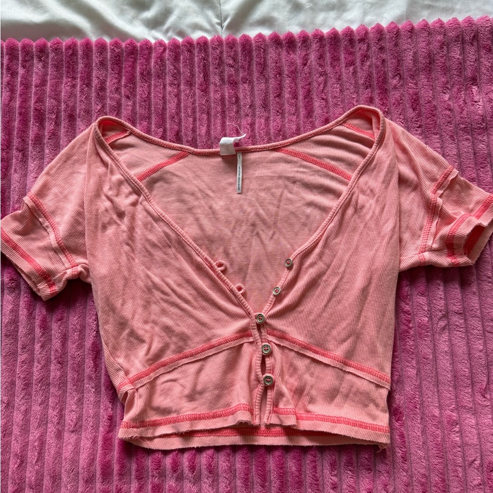 Free People Pink Short Sleeve Tie Front Crop Blouse